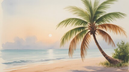 Fototapeta premium A vintage-style watercolor painting depicting a serene tropical beach with a palm tree at sunset