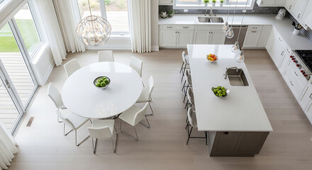 Modern White Kitchen Island and Dining Set with Green Apples.