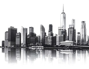 A grayscale cityscape panorama
