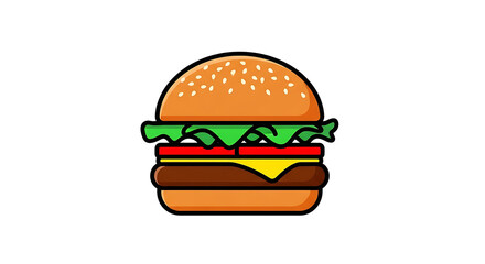 A cartoon cheeseburger with lettuce, tomato, and sesame seed bun.