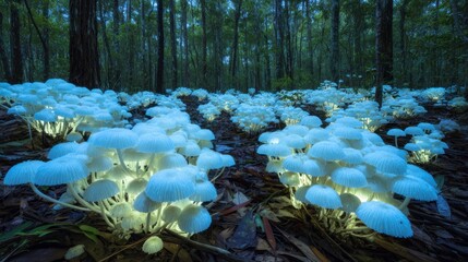 Luminescent mushrooms in a forest