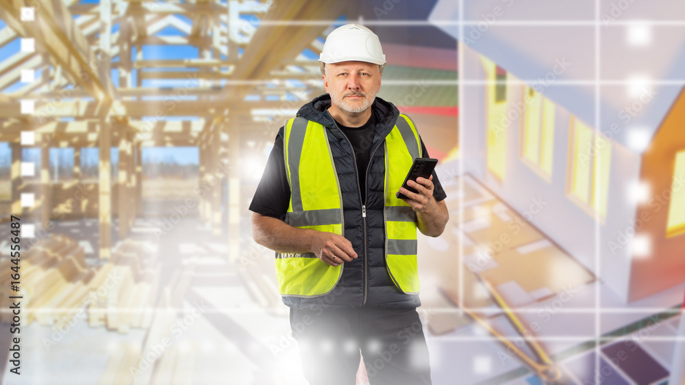Poster man builder. successful architect with phone in hands. portrait of builder standing near wooden hous