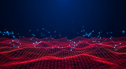 Abstract digital network on a red wavy surface with blue glowing nodes, representing technology and data connections