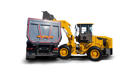 Naklejka premium Construction vehicle. Bulldozer and truck. Road automobile equipment for repair works. Construction technologies. Bulldozer loads truck body. Special construction vehicle on white background.