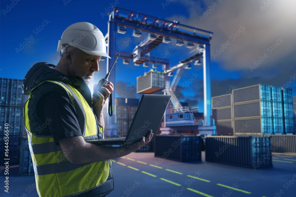 Poster man customs officer on territory container terminal. logistician with laptop and walkie-talkie. man 