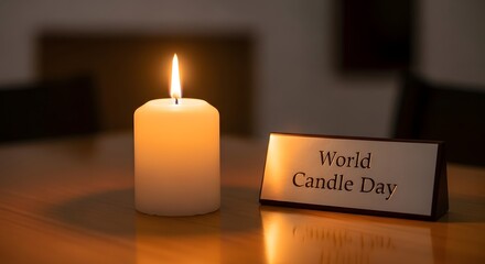 World candle day celebration with candle light and card on wooden table