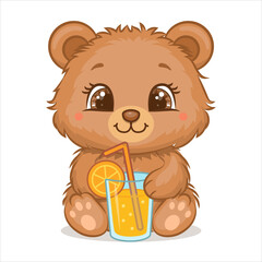 Cute cartoon Brown Bear with lemonade. Vector illustration of an animal with a drink on a white background.