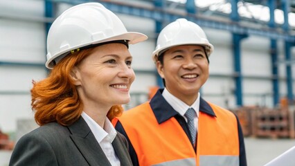 Close Up of Ginger Hair Woman and Asian Man in Industrial Setting as Boss and Assistant