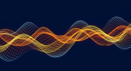 Abstract glowing digital wave form visualization on a dark background. Technology, data flow, and frequency concept.