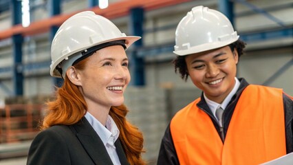Close Up of Ginger Hair Woman and Asian Man in Industrial Setting as Boss and Assistant