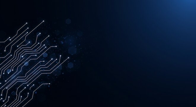 Futuristic technology background with abstract digital circuit board pattern and glowing lines on a dark blue backdrop.