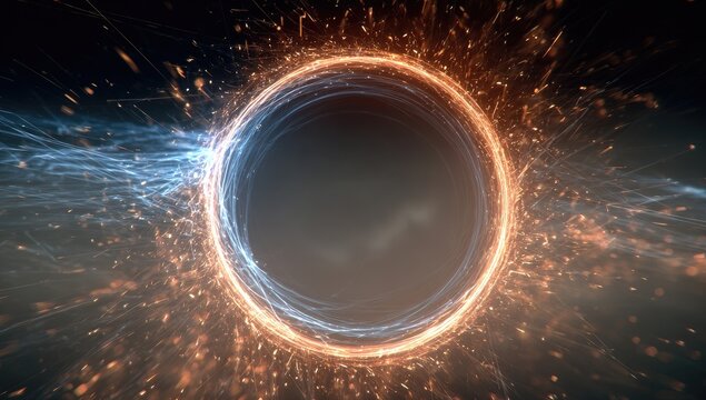 Glowing ring of light, embers, and energy streaks against a dark background; blue and orange hues