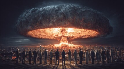 A group watches a nuclear explosion over a city