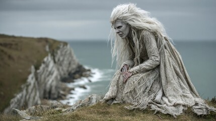 Pale figure on cliff overlooking sea
