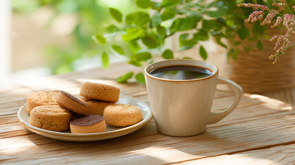 Coffee Tea Cookies Breakfast Afternoon Snack Time Cozy Warm Refreshment Handmade Desert Sweets Biscuit Relaxation Homey Nature Plant Table Mug Morning Treats Plate Livestyle Hygge Occasion Rustic 