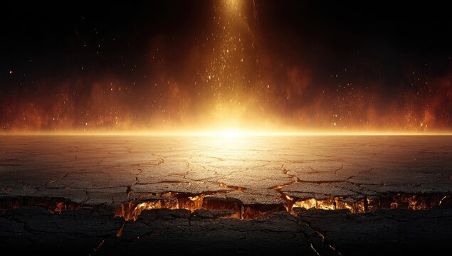 A cracked, fiery landscape bathed in golden light