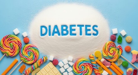Word "Diabetes" made of sugar surrounded by candies and sweets, unhealthy diet concept