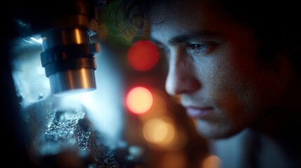 Close up of a young man's face examining a detailed object under a focused light source