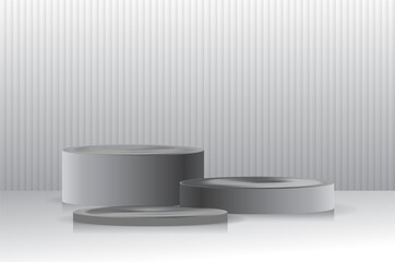 Modern Silver Cylinder Podium Stage with Vertical Wall Background for Product Display