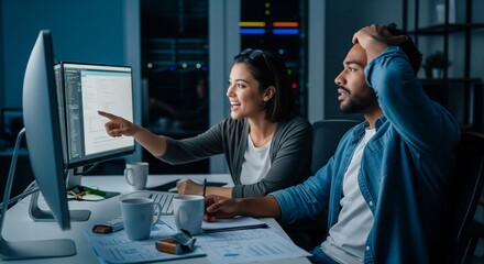 Happy diverse software development team programming code on computer monitor in a modern office, working late at night to solve technical problems.
