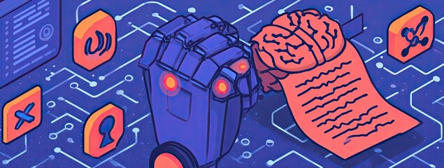 Futuristic robot with brain and document, surrounded by circuit board elements