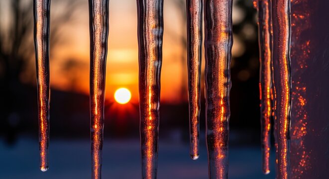 Icicles melting at sunset golden hour winter season nature photography background image