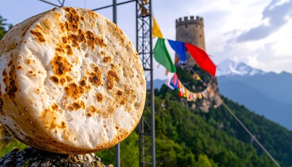 Ancient Prayer Wheel with Mountain Fortress Background