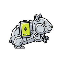 Cartoon illustration of a robotic hamster with a battery pack on its back.