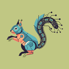 Illustration of a robotic squirrel with circuit board tail on green background.
