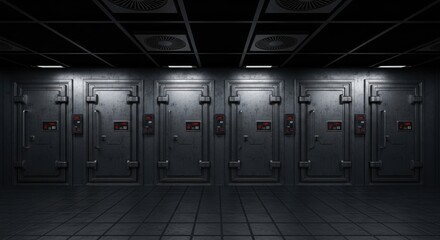 Naklejka premium Dark Corridor with Multiple Secure Vault Doors in a Bank or Storage Facility