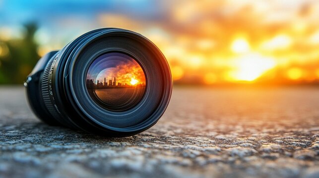 Close-up camera lens reflecting sunset city