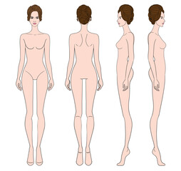 Fototapeta premium Colored fashion croquis figurines front side back with updo hair woman in vector.