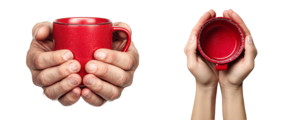 hands holding red mugs isolated on transparent background