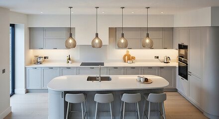 Modern Grey Kitchen with Island and Pendant Lights 1.