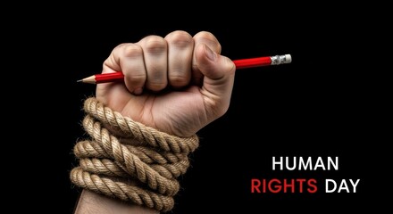 Human Rights Day Concept with Fist Wrapped in Rope Holding Red Pencil