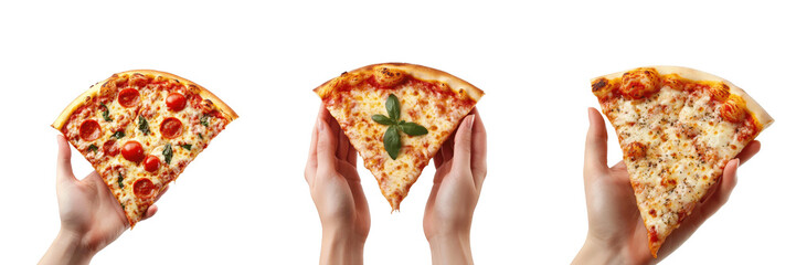 Hands holding slices of pizza isolated on transparent background