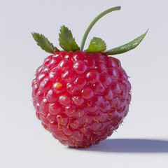 A single vibrant red raspberry with green stem and leaves