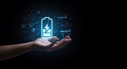 Futuristic Energy Concept Hand holding a glowing battery icon with digital data analysis graphics