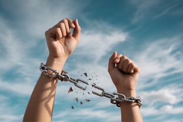 Breaking chains freedom concept, hands shatter metal links against blue sky, liberation from restraint and control.