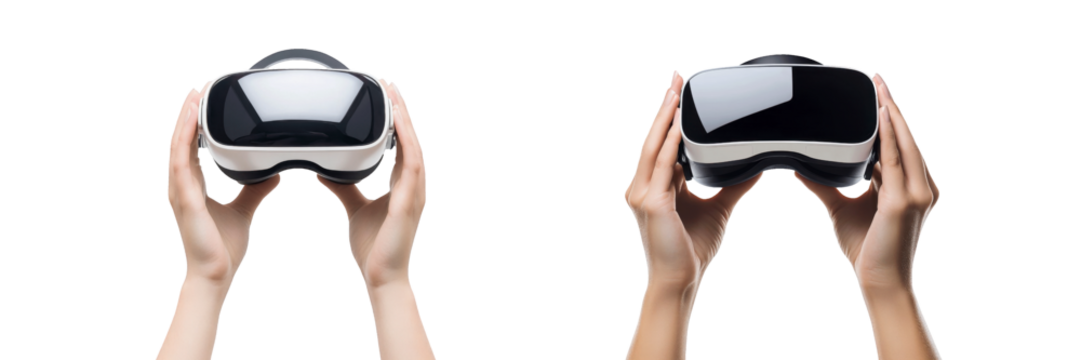 Hands holding modern VR headsets isolated on transparent background