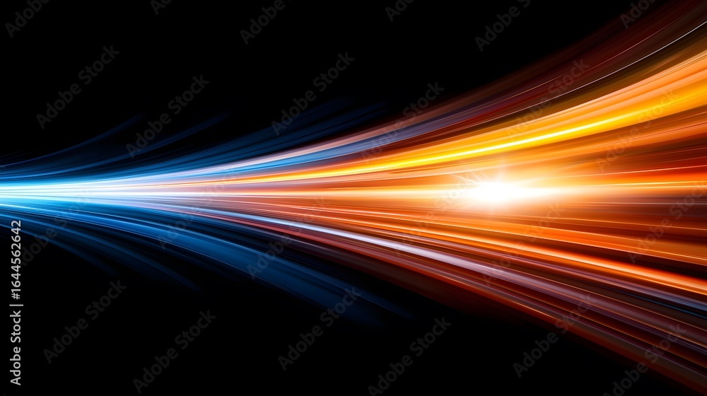 Poster an abstract image with flowing blue and orange lines converging to a bright point against a black ba