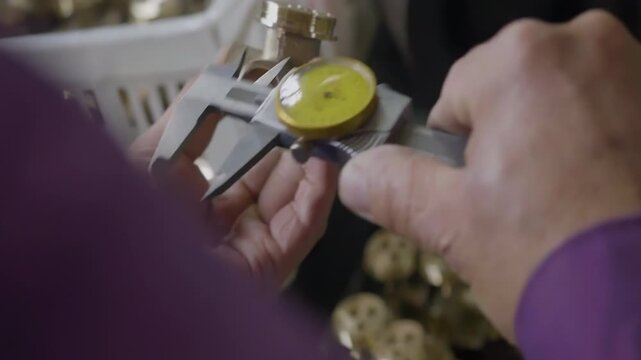 Technician Using Caliper for Manual Inspection of Metal Part Machinist. Engineer using vernier calipers to measure workpieces component in workshop.