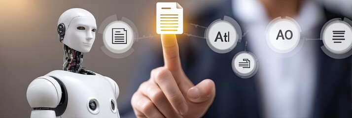 A white robot interacts with glowing document icons projected onto a person's hand