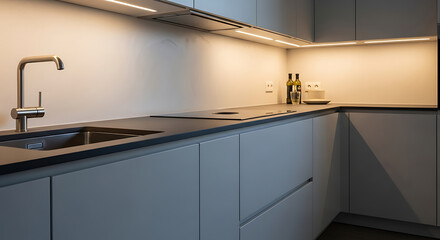 Sleek modern kitchen interior with grey cabinetry dark countertop and LED lighting.