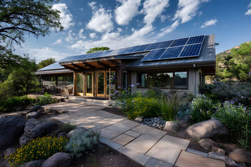 Modern eco home with solar panels surrounded by landscape in Sedona Arizona.