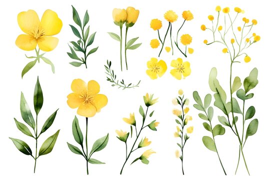 Watercolor yellow mimosa flowers and green leaves clip art set, on a white background, 