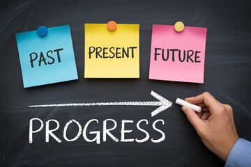 Past present future sticky notes on chalkboard with arrow progress concept, timeline planning and growth.