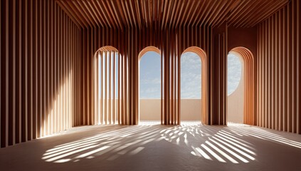 Sunlit interior with wooden slat walls, arched openings revealing a pale outdoor space and a partially visible curved wall, casting striped shadows on the floor
