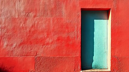 Vibrant Red Wall with Turquoise Door Architectural Color Contrast and Textured Surface. - Powered by Adobe