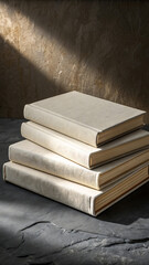 A stack of four vintage hardcover books with textured covers and worn pages illuminated by dramatic...